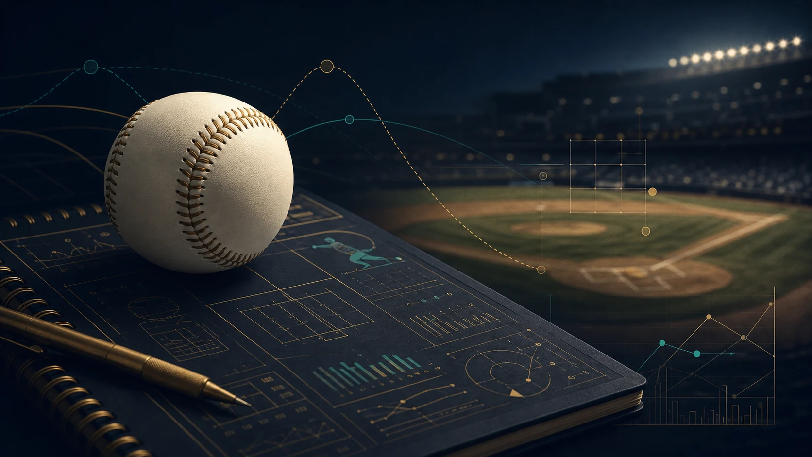 Baseball on an analytics scorebook overlooking a softly lit ballpark with subtle probability charts.